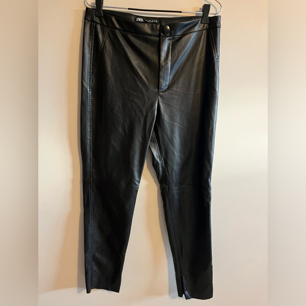 Zara black faux leather inside hem zip trousers size large